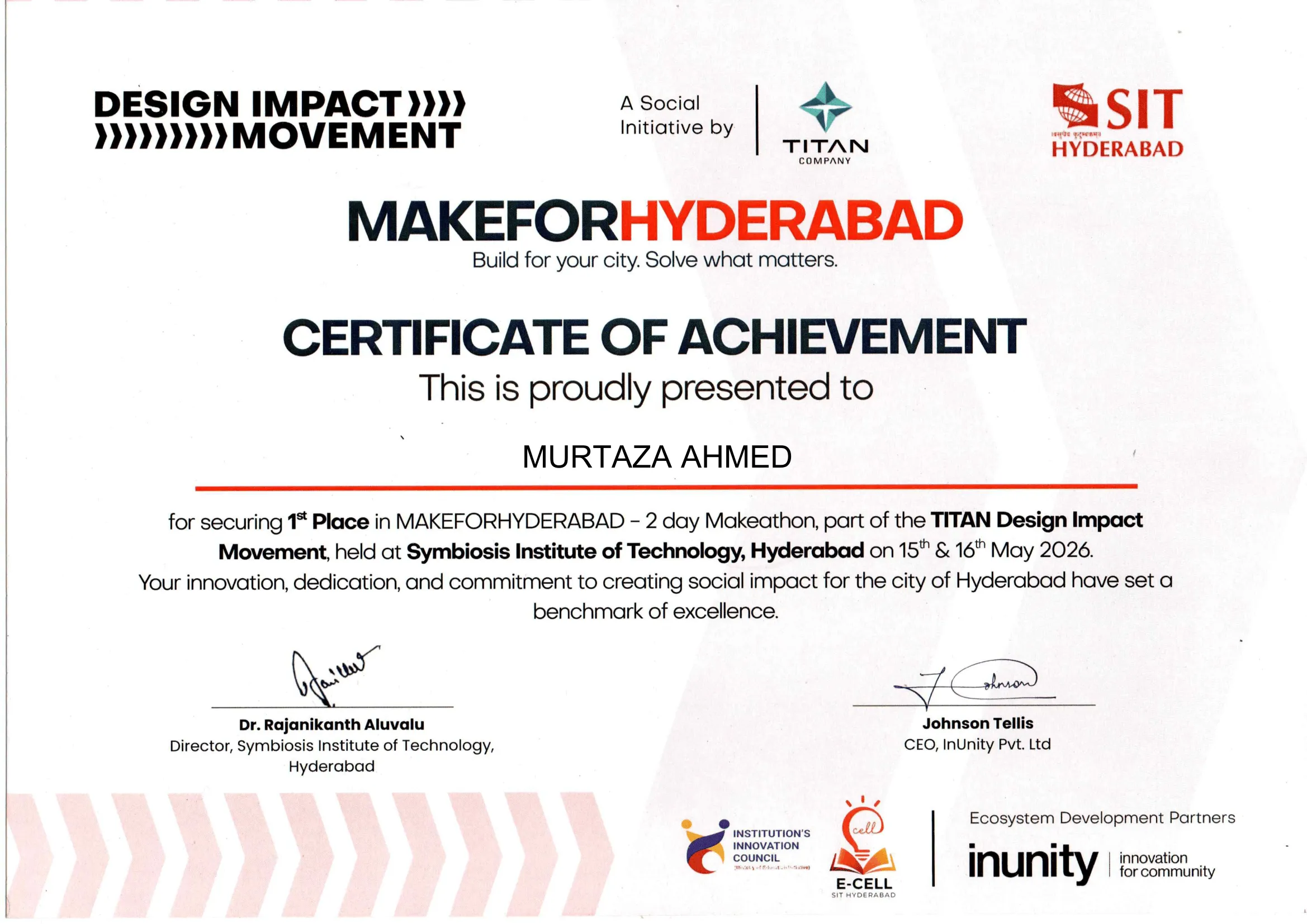 Murtaza Ahmed 1st Place Certificate